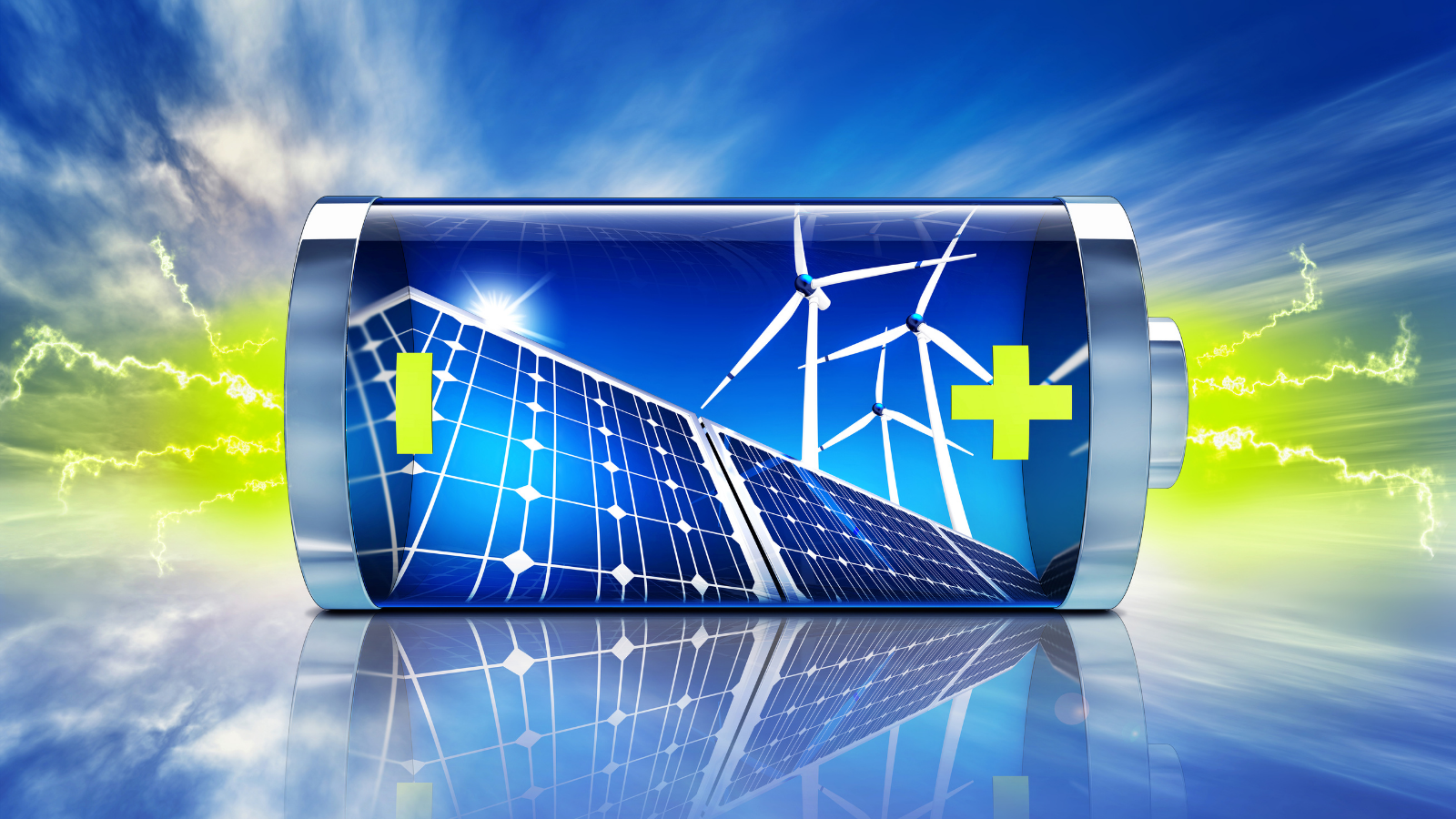 De Perfecte Combinatie: Zonne- en Windenergie Reflecterende zonne-energie batterij met windmolens.