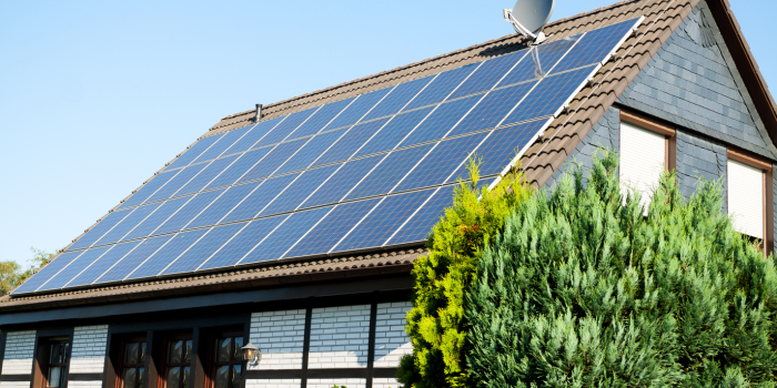 Maximale benutting van dakoppervlak Bedrijfspand met een dak volledig bedekt met zonnepanelen onder een blauwe lucht.